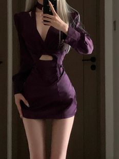 纯欲风紫色v领长袖，连衣裙女夏季性感，辣妹收腰显瘦包臀短裙子