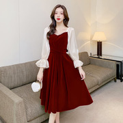 红色新娘小礼服2023秋冬季丝绒长袖酒，红色回门服晚礼服连衣裙