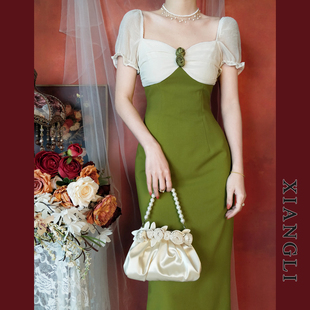 巷里法式复古连衣裙夏季宫廷，赫本绿色拼接短袖，显瘦气质小礼服长裙