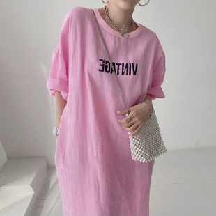 韩国chic夏季休闲小众圆领，做旧字母印花设计宽松长款t恤连衣裙女