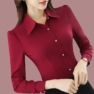 红色黑色衬衫女长袖纯色韩版职业装正装修身显瘦工作服上衣打底衫