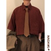 NAGAWL夏季复古港风酒红色条纹短袖衬衫男宽松bf休闲衬衣外套