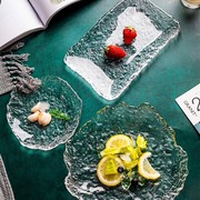日式水晶玻璃茶盘手工冰露不规则，简约水果圆餐盘寿司长盘壶承碟子