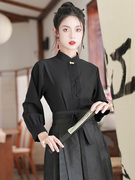 黑色马面裙搭配的上衣改良国风立领对襟衬衫女秋冬新中式古风衬衣