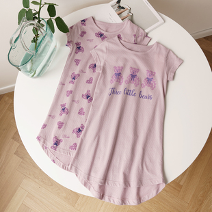 可爱小熊紫色睡裙亲子母女装女童，纯棉a类空调，房睡裙短袖家居裙子