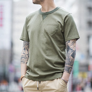 马登工装日系复古军绿色短袖t恤男夏季纯棉圆领阿美咔叽纯色体恤
