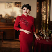 中式旗袍礼服新娘红色，敬酒服长袖高级感绣花改良鱼尾裙高档连衣裙