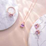 天然宝石紫水晶镶嵌莫桑石s925银镀玫瑰金戒指项链耳钉套装