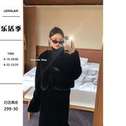 lonslan财阀千金新年战服黑色毛毛外套，气质v领质感夹克上衣女冬季