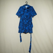 外贸原单女装夏季欧美蓝色印花系带套头圆领高腰休闲短袖连体裤