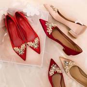 婚鞋新娘鞋粗跟女秀禾结婚鞋子，3cm孕妇婚礼，鞋2021红色平跟鞋