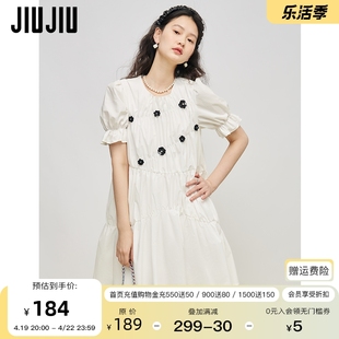 JIUJIU白色初恋泡泡袖连衣裙女设计感小众夏2024年高腰公主裙