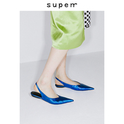 SUPERR 2021 ss vol.13霹雳宝蓝色褶皱皮尖头平底凉鞋皮鞋
