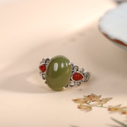 本命年时尚复古女式指环，s925银镶和田青玉，戒指搭配南红饰品礼物