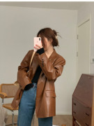 棕色西装皮衣外套，女2024春秋季韩版宽松显瘦复古港味上衣黑色
