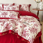 结婚床上四件套大红色，婚房床上用品婚庆被套床单新婚，喜被磨毛