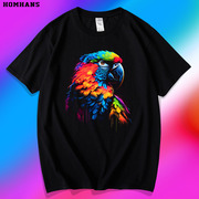 彩色鹦鹉图案印花短袖个性好看的t恤夏季纯棉上衣，男女同款宽松潮