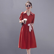 红色衬衫连衣裙女夏2023小个子法式气质，收腰显瘦别致短袖裙子