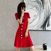红色小香风冰丝连衣裙2023夏季纯色，拼接短袖高腰曲珠a字针织裙子