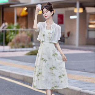 新中式印花连衣裙，2024夏装雪纺连衣裙小个子，两件套套裙w5512