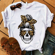 skulltshirt夏季复古豹纹，骷髅头印花女士短袖t恤休闲白色打底衫