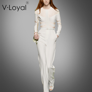 v·loyal春夏时尚修身白色蕾丝，拼接连体加长裤，欧美长袖连身直筒裤