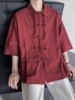 酒红色新中式国风亚麻衬衫，男装改良汉服外套，夏季棉麻七分短袖衬衣