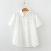 夏季小清新文艺纯棉，立领花边短袖，衬衫女学生白色刺绣薄款衬衣