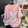 重磅纯棉粉色兔子刺绣字母短袖t恤女夏季ins大码宽松休闲上衣