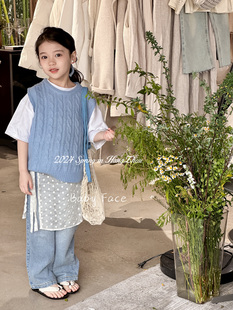 韩国童装女童时尚麻花针织马甲，女宝宝洋气，蕾丝纱裙屁帘牛仔直筒裤