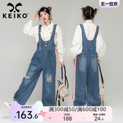 keiko磨破牛仔背带裤女直筒，宽松夏季高级感条纹织带连体长裤子