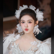 新娘头饰白色超仙绢纱花朵唯美气质韩式造婚纱，礼服造型结婚发饰品