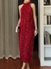 srose朱樱复古红提花丝绒连衣裙套装新中式，国风裙子两件套