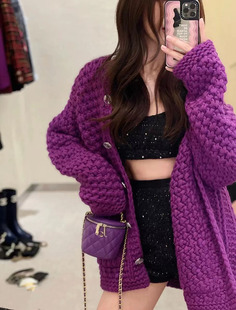 mmz早秋时尚宽松版紫色，编织针织开衫外套，粗棒针中长款加厚款毛衣