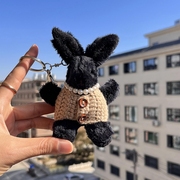 韩版手工毛衣小黑兔，钥匙扣精致毛绒黑色，小兔子书包挂件可爱礼物女
