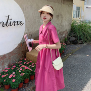 玫粉色褶皱衬衫裙，女中长款2023夏季法式宽松气质，设计感连衣裙