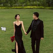 影楼主题服装情侣长裙拍照无袖纯色韩版吊带礼服黑色简约鱼尾婚纱
