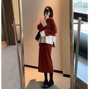 GG。欧洲站2024年秋冬女装红色名媛毛衣裙子高级感套装针织两