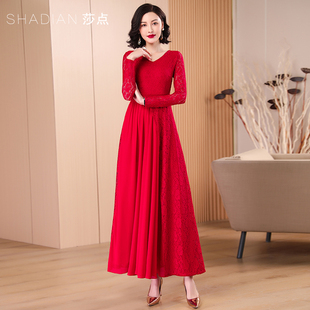 秋季红色连衣裙长款长袖蕾丝长裙，收腰气质大摆裙喜婆婆婚宴装