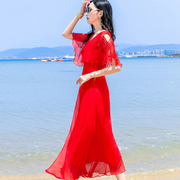 真丝桑蚕丝红色连衣裙巴厘岛度假沙滩裙春夏仙女修身白色长裙