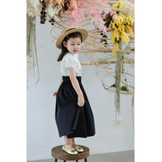 Aimie Kids 2023夏 女童白色复古娃娃领泡泡袖衬衫黑色大摆伞裙