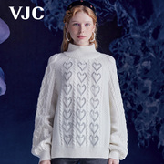 VJC/威杰思秋冬女装白色高领毛衣针织提花气质短款上衣