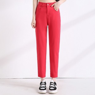 大红色裤子女2024夏季薄款女裤，哈伦裤直筒裤，高腰九分裤休闲裤