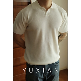yuxian余闲美式v领polo衫，男士针织衫短袖，t恤宽松翻领纯色春夏季