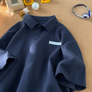 藏青色POLO衫男短袖夏季日系复古少年感学生休闲T恤宽松情侣半袖