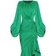 早春复古提花褶皱抽绳荷叶，边修身圆领，灯笼袖绿色连衣裙中长裙纯色