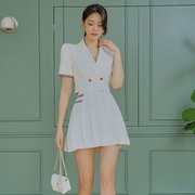小香风OL气质两件套2023夏季韩版修身西装领上衣高腰百褶短裙套装