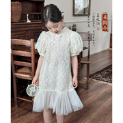 花间令国风新中式，重工女童白色珍珠蕾丝，旗袍裙夏季短袖纱裙