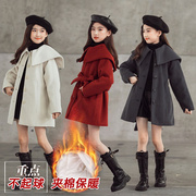 女童中大童外套红色2022中长款呢大衣儿童洋气，夹棉毛呢冬大衣