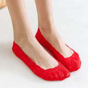 红袜子结婚超隐形袜蕾丝船袜夏季薄款搭配高跟鞋大红色婚庆浅口袜